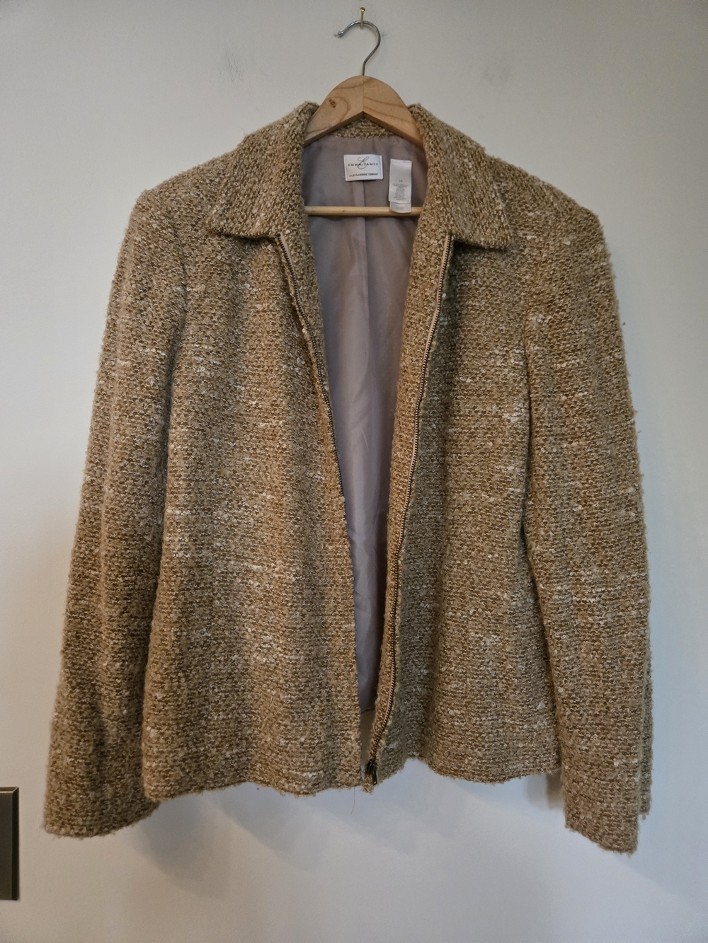 Emma James Tan Bouclé Open-Front Blazer